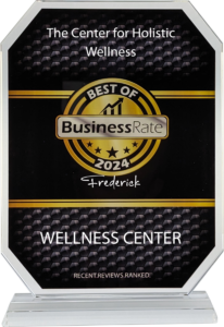 Award certificate for The Center for Holistic Wellness as the Best of BusinessRate 2024 Wellness Center in Frederick, reflecting the excellence of our professional hypnotherapist in MD